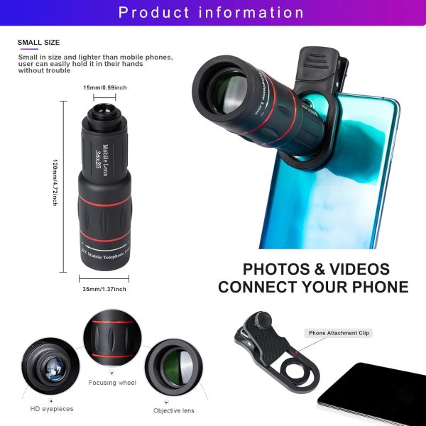 36X Long Focus Telephoto Phone Lens for iPhone and Android, Zoom Cellphone Camera Lens with Phone Clip for Picture Video Taking - Image 5