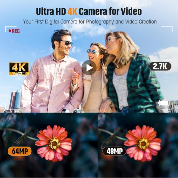 4K Digital Camera for Photography Autofocus 64MP Vlogging Camera for YouTube with Dual Cameras 16X Digital Zoom 4K Compact Travel Video Camera with 32GB SD Card,2 Batteries,Flash, Anti-Shake (Black) - Image 3